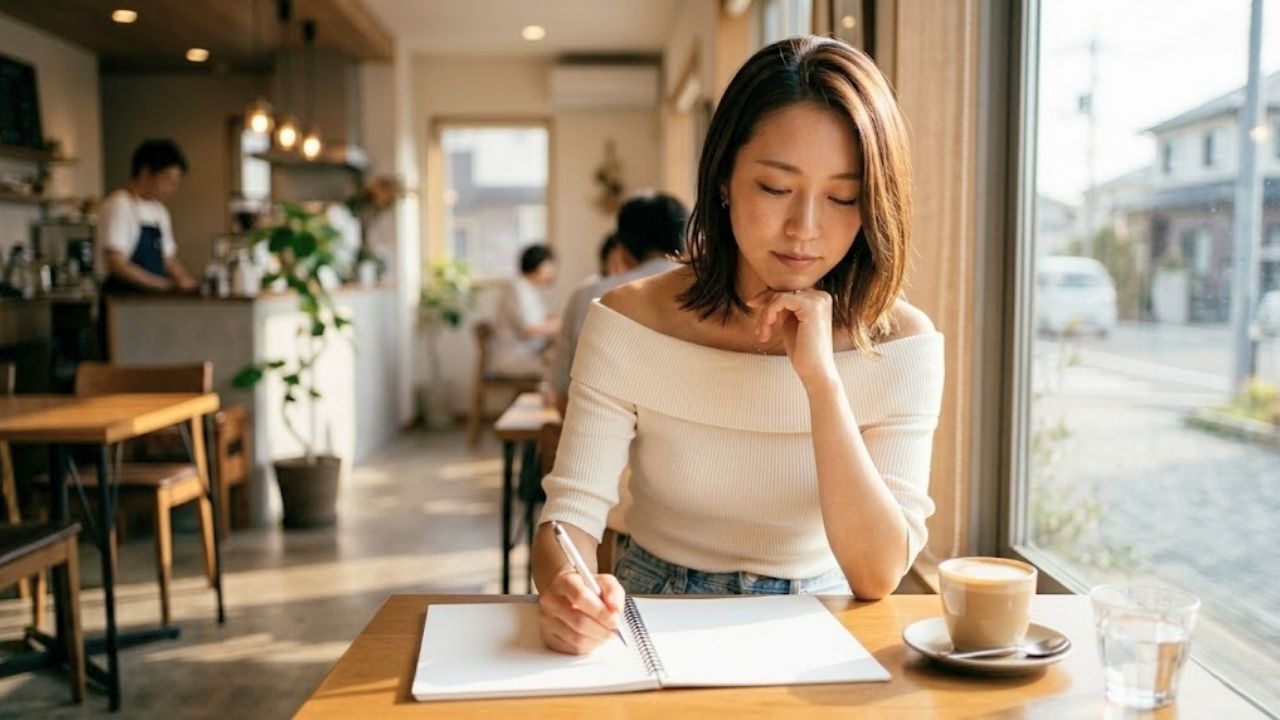 日当たりの良いカフェで、オフショルダーのニットを着たシングルマザーが、テーブルの上のメモ帳を見つめながら、賢く注意深い表情で何かを選んでいるシーン。初デートで使うべき「OK・NGの会話術」を冷静に考えている様子を表現している。