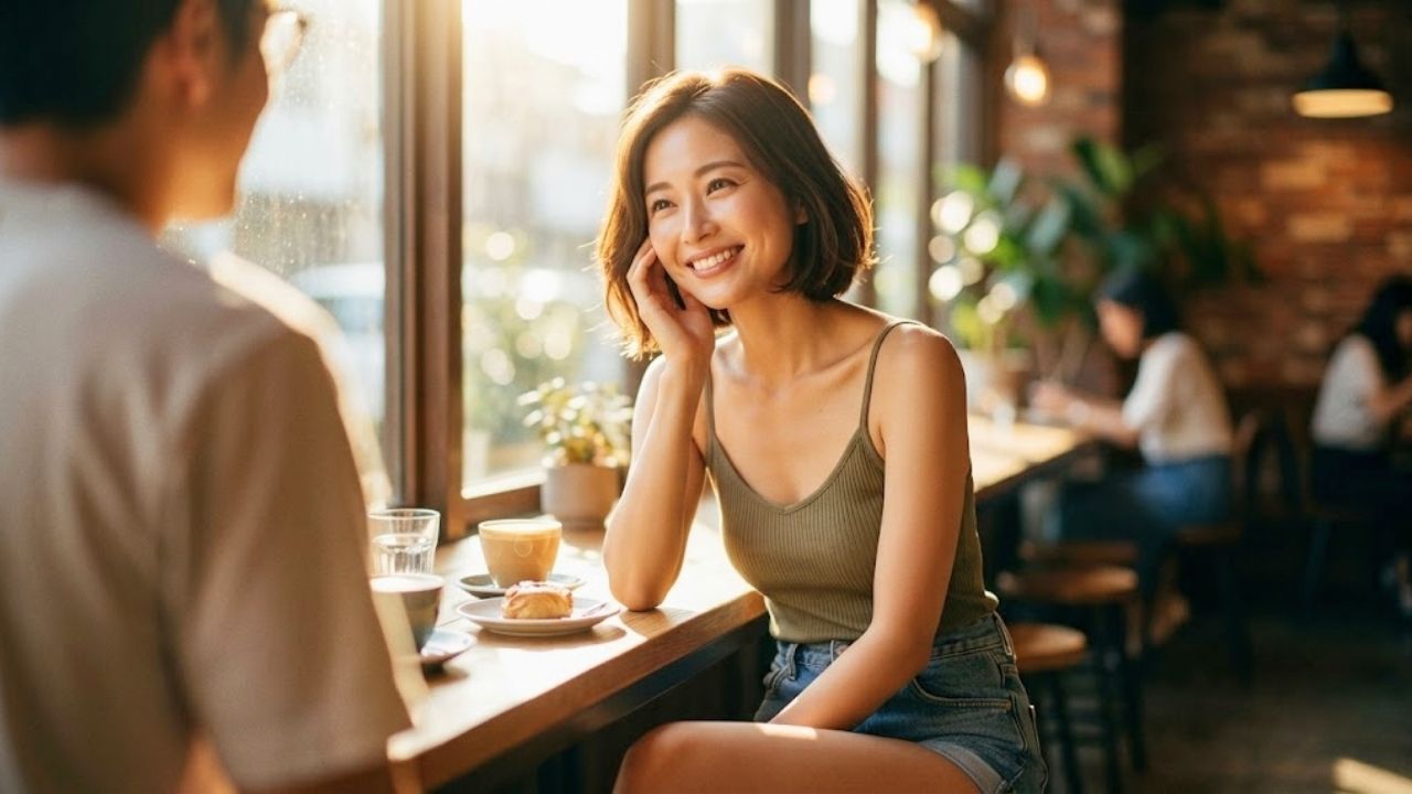 日当たりの良いカフェで、キャミソール姿のシングルマザーが、画面外の相手を純粋で温かい、頼るような笑顔で見つめているシーン。相手に好印象を残し、「もっと一緒にいたい」と思わせる「3つの魔法」をかけている瞬間を表現している。