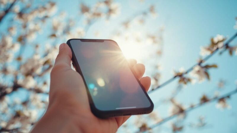新しい出会いを求め前向きな気持ちになったシングルマザーがスマホを掲げている｜新しい自分へ