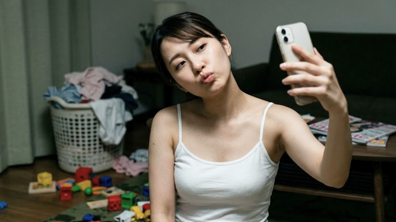 少し暗い室内で、キャミソール姿のシングルマザーがスマートフォンで自撮りをしているシーン。背景にはぼんやりと散らかった生活感が写り込み、アプリで敬遠されがちな「もったいないNG写真」の状況を表現している。