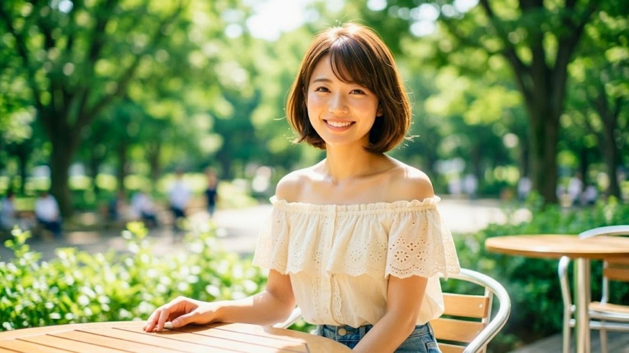 自然光が降り注ぐ緑豊かな公園のカフェテラスで、オフショルダーの明るいブラウスを着たシングルマザーが、カメラに向かって自然で魅力的な笑顔を向けているシーン。マッチングアプリで好印象を与える、明るく清潔感のある「最高のプロフィール写真（他撮り風バストアップ）」を表現している。