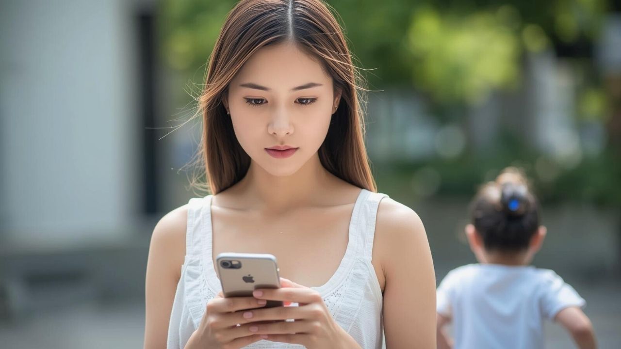 晴れた日の屋外で、スマートフォンの画面を慎重な表情で見つめるシングルマザー。背景には子どもの後ろ姿がぼんやりと写り、防犯面を考慮しつつスマートに子どもの存在を扱う賢い親の姿を表現している。