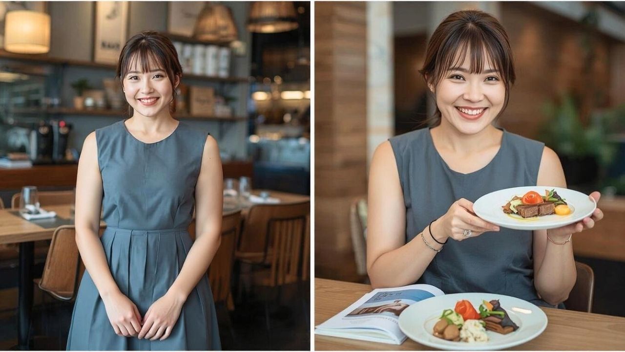 おしゃれなカフェで、美しい料理のお皿を持ちながら、テーブルの上の本と共に自然に笑うシングルマザーの少し引きの構図。全身のスタイルや趣味、丁寧な暮らしなど、多角的な魅力を伝える「サブ写真」の正解を表現している。