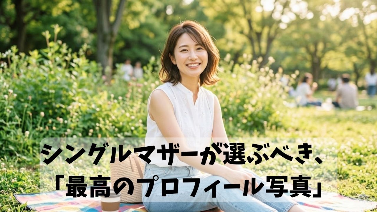 自然光が降り注ぐ緑豊かな公園で、ノースリーブの明るいブラウスを着たシングルマザーが、カメラに向かって自然で魅力的な笑顔を向けているシーン。マッチングアプリで好印象を与える、明るく清潔感のある「最高のプロフィール写真」を表現している。