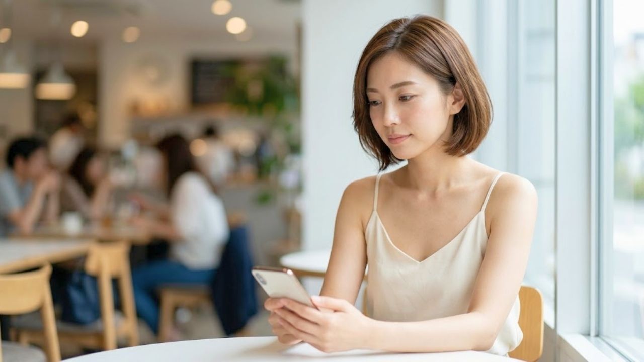 明るいカフェで、キャミソール姿のシングルマザーがスマートフォンを見つめ、冷静に相手の心理や状況を分析している知的な表情。相手の怒りのメカニズムを理解し、トラブルを未然に防ぐ防御の姿勢を表現している。