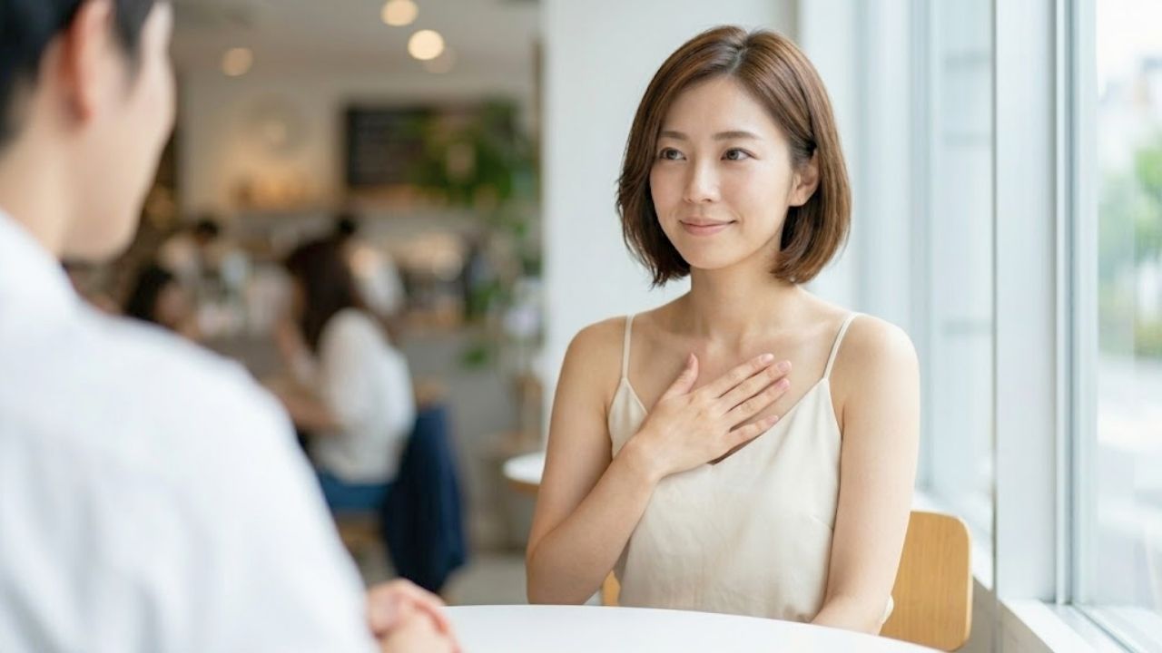 カフェの席で、シングルマザーが胸に優しく手を当て、画面外の相手に対して丁寧かつ毅然とした笑顔で応対しているシーン。相手のプライドを傷つけず、自分のルールを理由にしてスマートに断る姿を表現している。