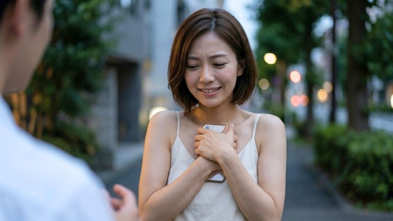 少し暗い夕暮れの屋外で、シングルマザーが目を逸らし、気まずそうにスマートフォンを強く握りしめているシーン。曖昧な態度や苦しい嘘など、相手を逆に刺激してしまうNGな断り方の緊迫感を表現している。