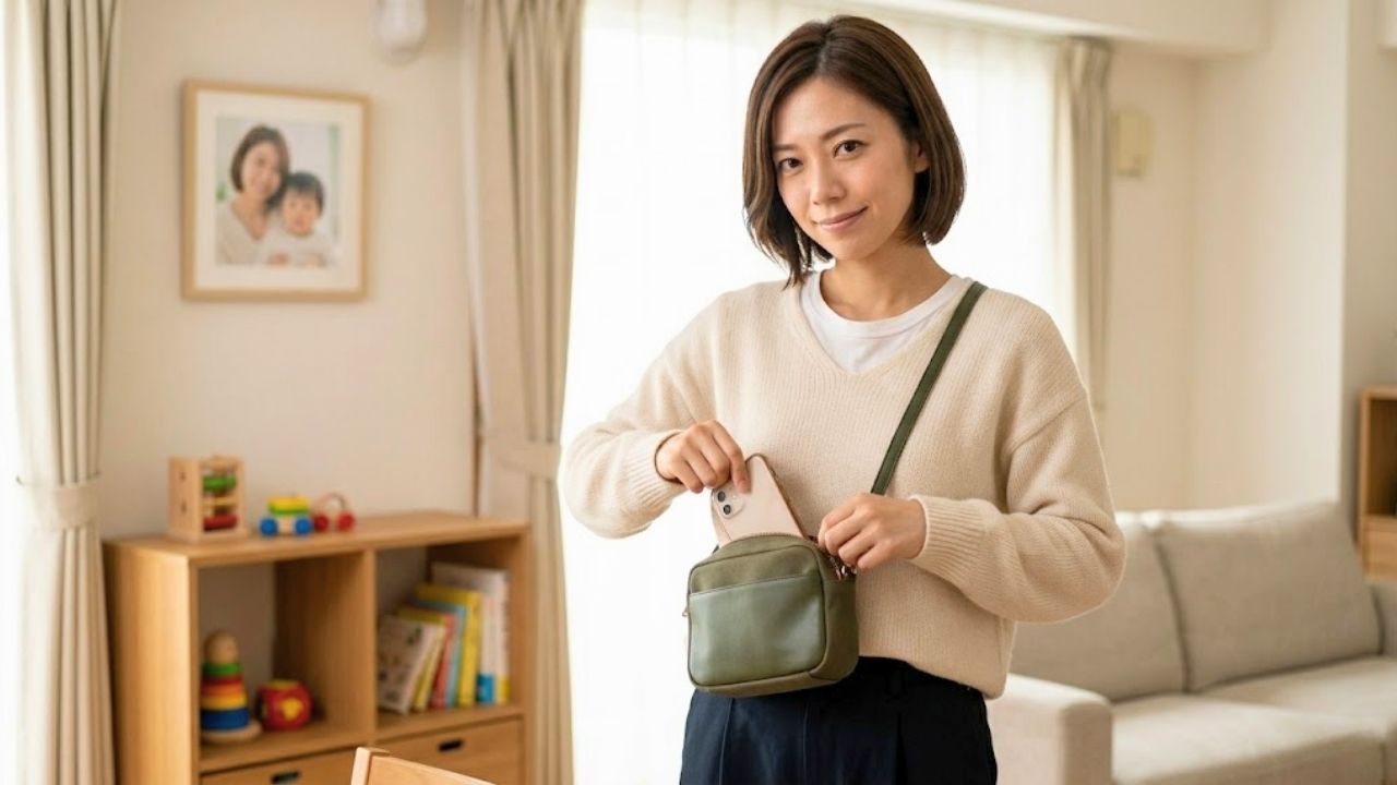 安全で明るい室内で、シングルマザーがスマートフォンを小さなバッグにしまい、しっかりと閉じているシーン。自分のプライベートな情報（生活圏や子どもの情報）を安易に出さず、しっかりと身バレを防ぐ賢い行動を表現している。テキストなし。