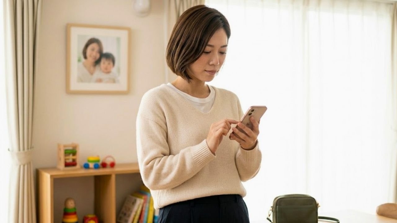 明るい窓辺で、シングルマザーがスマートフォンを両手で持ち、ホッとしたような、すっきりとした表情で画面を見つめているシーン。しつこい相手をブロックして縁を切り、不安から解放された安堵感を表現している。