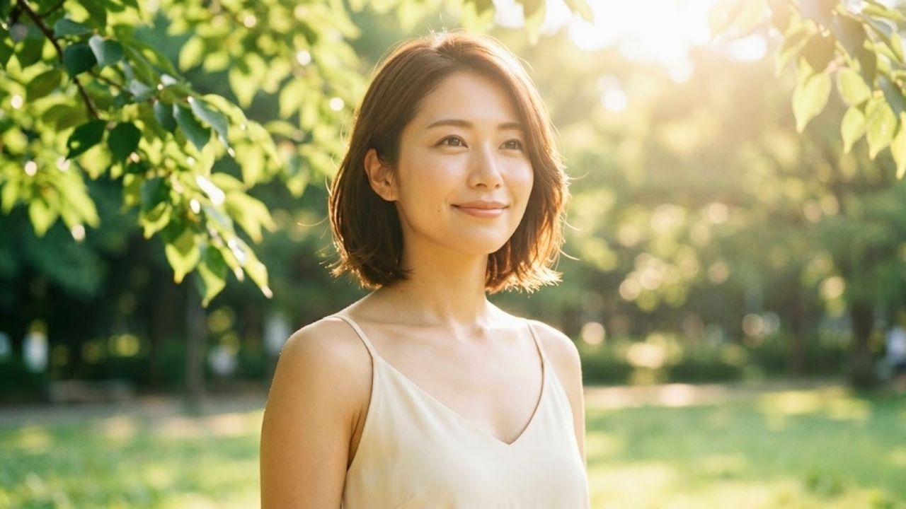 陽の光が差し込む公園で、キャミソール姿のシングルマザーが優しく思いやりに満ちた笑顔を浮かべているシーン。シングルファーザーがパートナーに求める、子育てへの理解や母としての逞しさ、深い包容力を表現している。