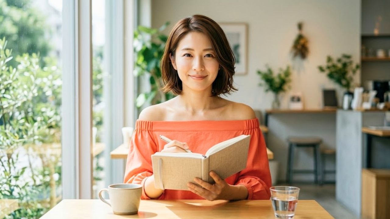 明るいカフェで、オフショルダーのブラウスを着たシングルマザーがノートとペンを持ち、希望に満ちた知的な表情でカメラを見つめているシーン。子連れ同士の交際を成功させるための、慎重かつ前向きな5つのステップ（計画）を表現している。