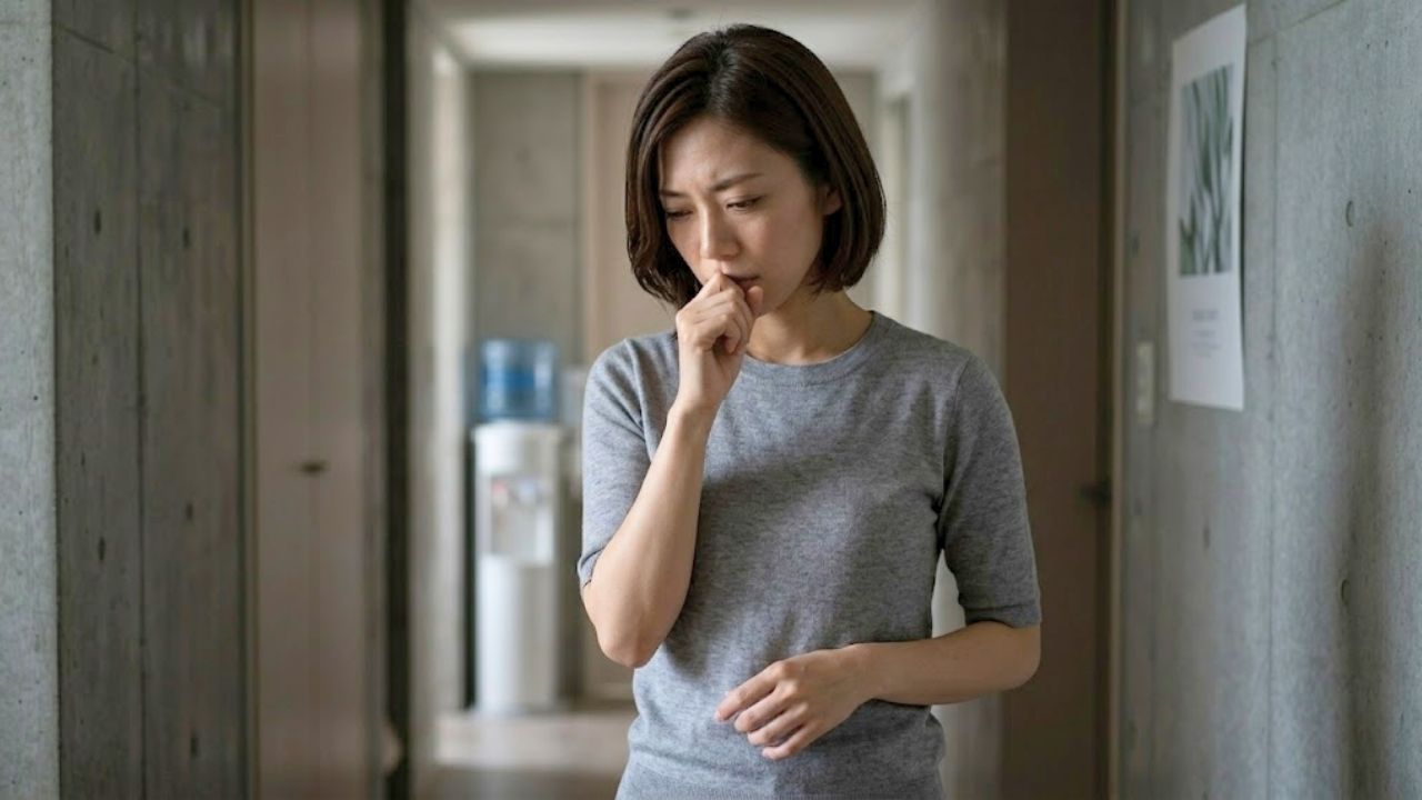 少し影のある静かな室内で、シングルマザーが口元に手を当て、少し後悔や反省、あるいはハッと気付いたような慎重な表情をしているシーン。同じ境遇だからこそ陥りやすい、マウントや育児への干渉といったNG行動への警告を表現している。