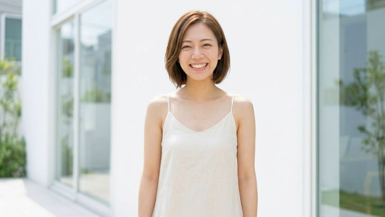 明るく清潔感のある背景の前で、シングルマザーが晴れやかでスッキリとした安堵の笑顔をカメラに向けているシーン。お金や出会い方など、子連れ恋愛に関する様々な疑問（FAQ）が解消され、前向きになった状態を表現している。