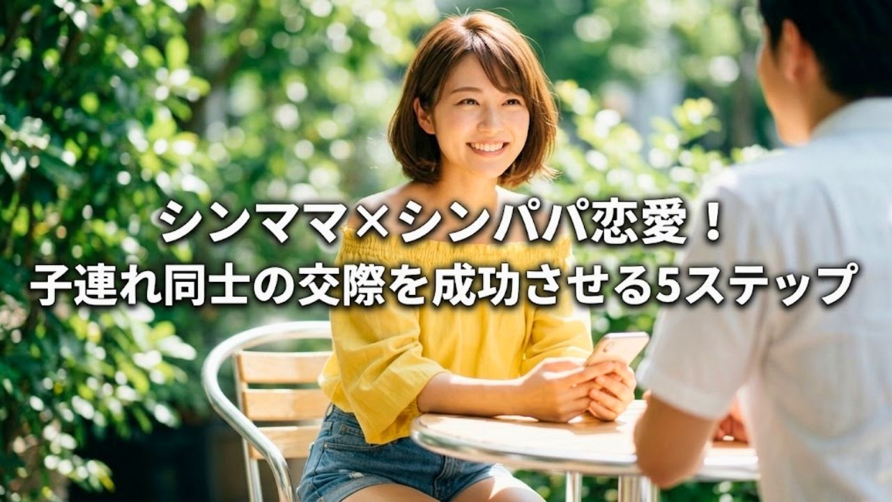 陽の光が降り注ぐカフェのテラス席で、シングルマザーが希望に満ちた笑顔を浮かべているアイキャッチ画像。スマートフォンを手に持ち、シングルファーザーとの未来の家族のカタチを思案しているような様子。画像中央には白く太いフォントで「シンママ×シンパパ恋愛！子連れ同士の交際を成功させる5ステップ」というタイトルテキストが配置されている。
