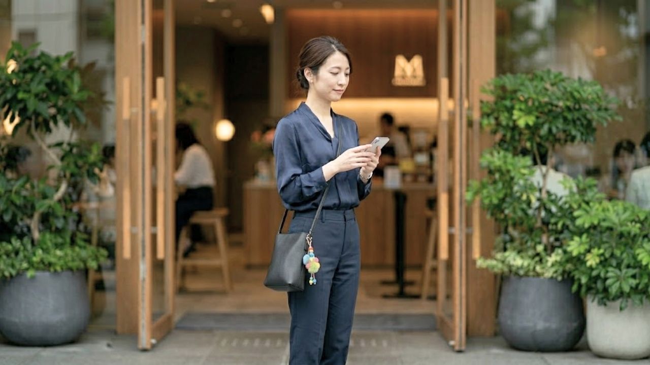 【シングルマザーの初デート服】シワができないとろみ素材のブラウスとセンタープレスワイドパンツを着て、小さなレザーバッグとローヒールパンプスで待ち合わせ場所に立っている。スマホで子どもの連絡事項を確認している様子。キーホルダーがさりげなく母親らしさを出している。