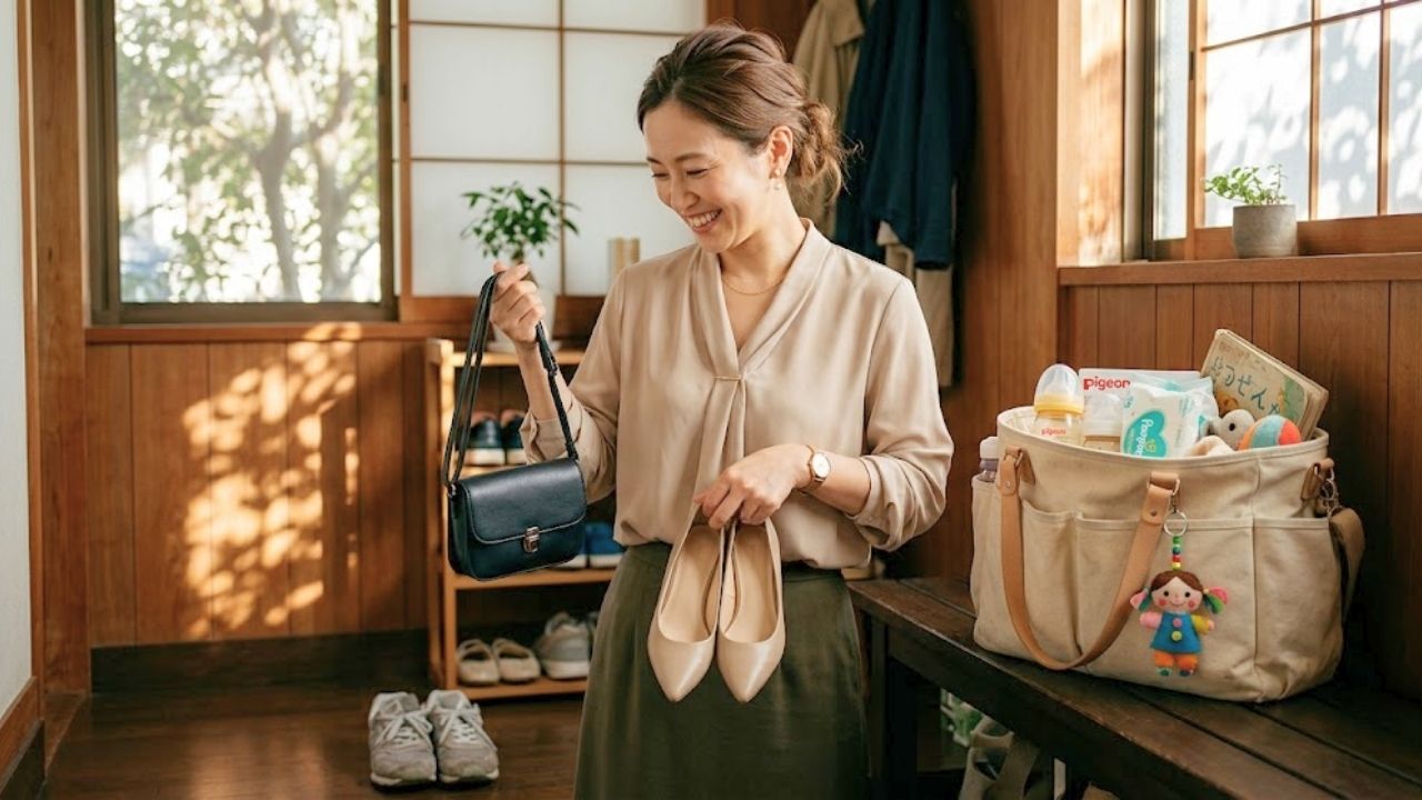 初デートに向けて、いつものマザーズバッグから上品な小さなバッグとパンプスに持ち替えて笑顔を見せるシングルマザー。