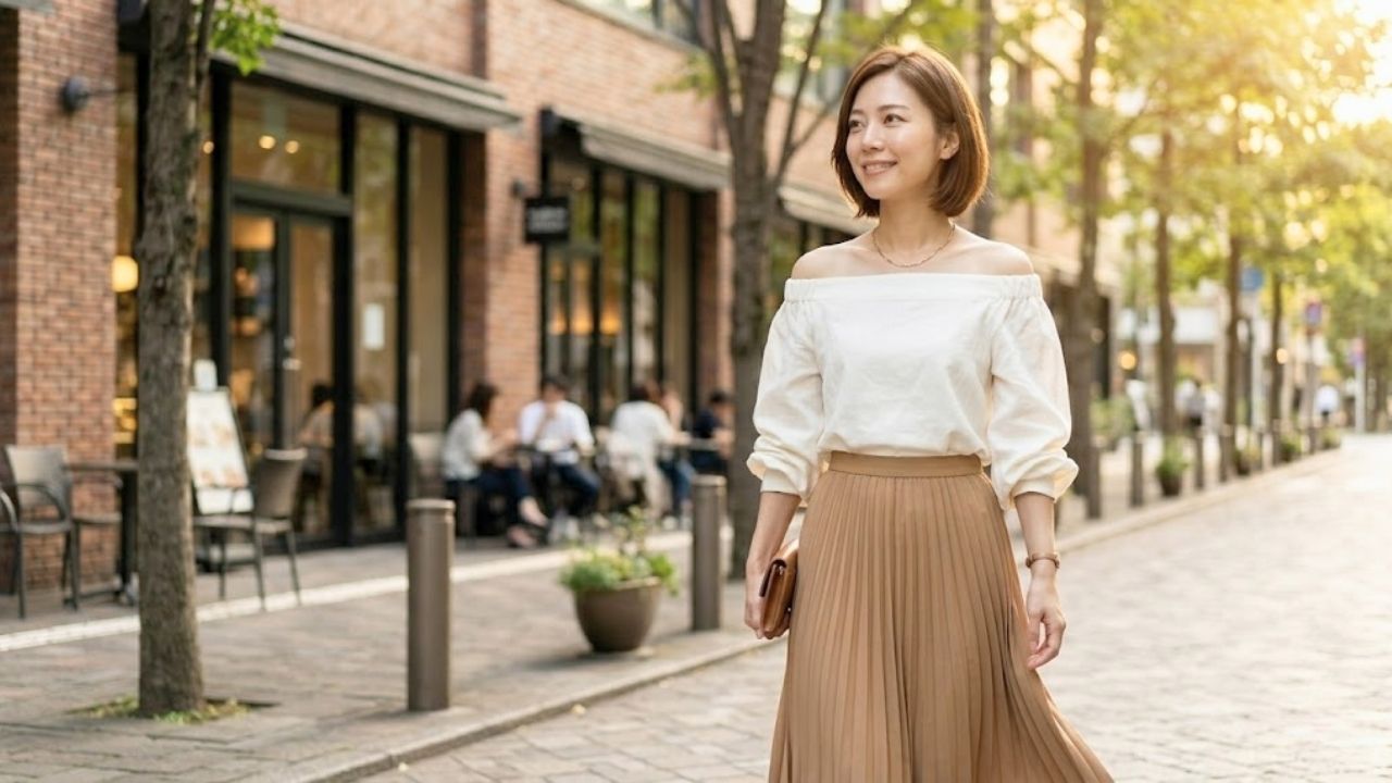 おしゃれな街並みの中で、白のオフショルダートップスとミモレ丈スカートという大人の魅力と品格を引き出す「正解コーデ」に身を包み、優雅に微笑むシングルマザー。年齢に合った透明感と知性、そして女性らしい華やかさを表現している。