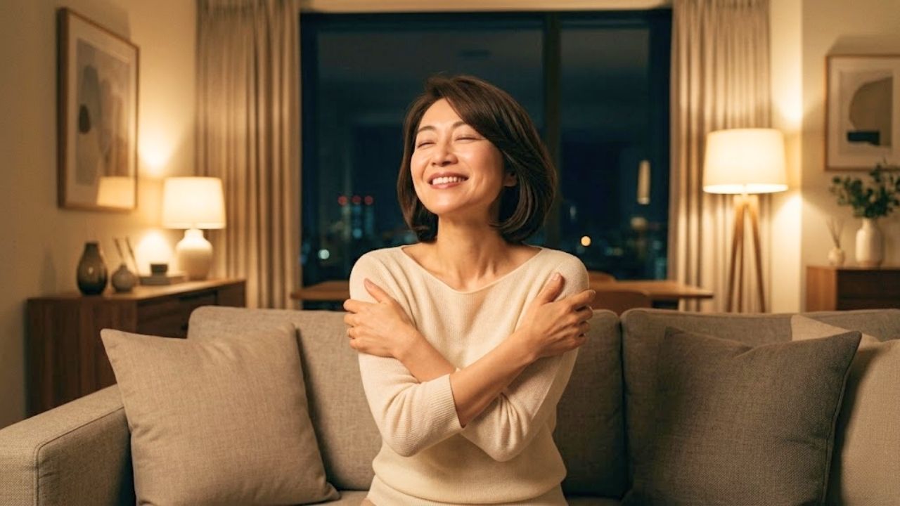 夜、心地よく整えられた室内で、デートを終えて帰宅し、オフショルダーのニット姿で満たされたような艶っぽい笑顔を浮かべて自分自身を抱きしめるシングルマザー。女性としての喜び、愛、ときめきを象徴する光の粒が周囲に輝いている。