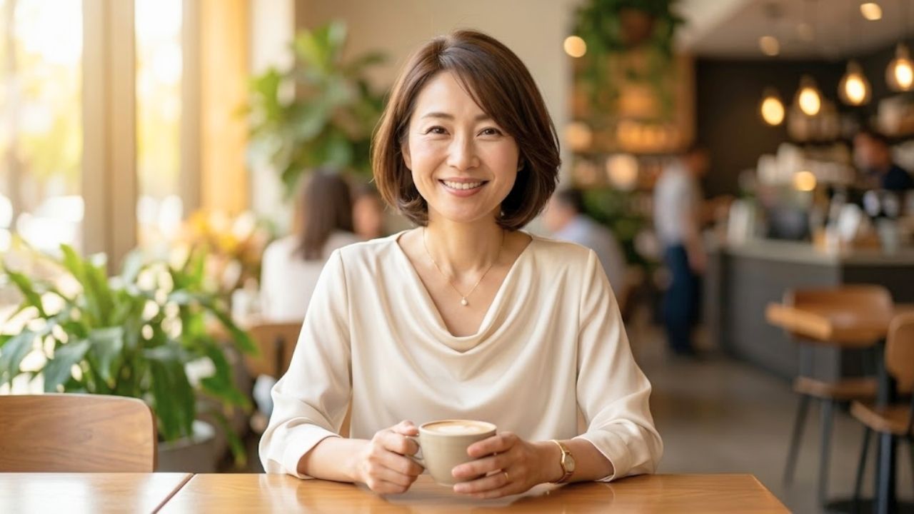 カフェの席でコーヒーカップを持ち、温かく包容力のある笑顔（シンパパ向け）と、鎖骨が少し覗くような女性らしい華やかさ（独身男性向け）の絶妙なバランスを持った服装で、相手を魅了しているシングルマザー。相手の属性に合わせた「見せ方の違い」を表現している。