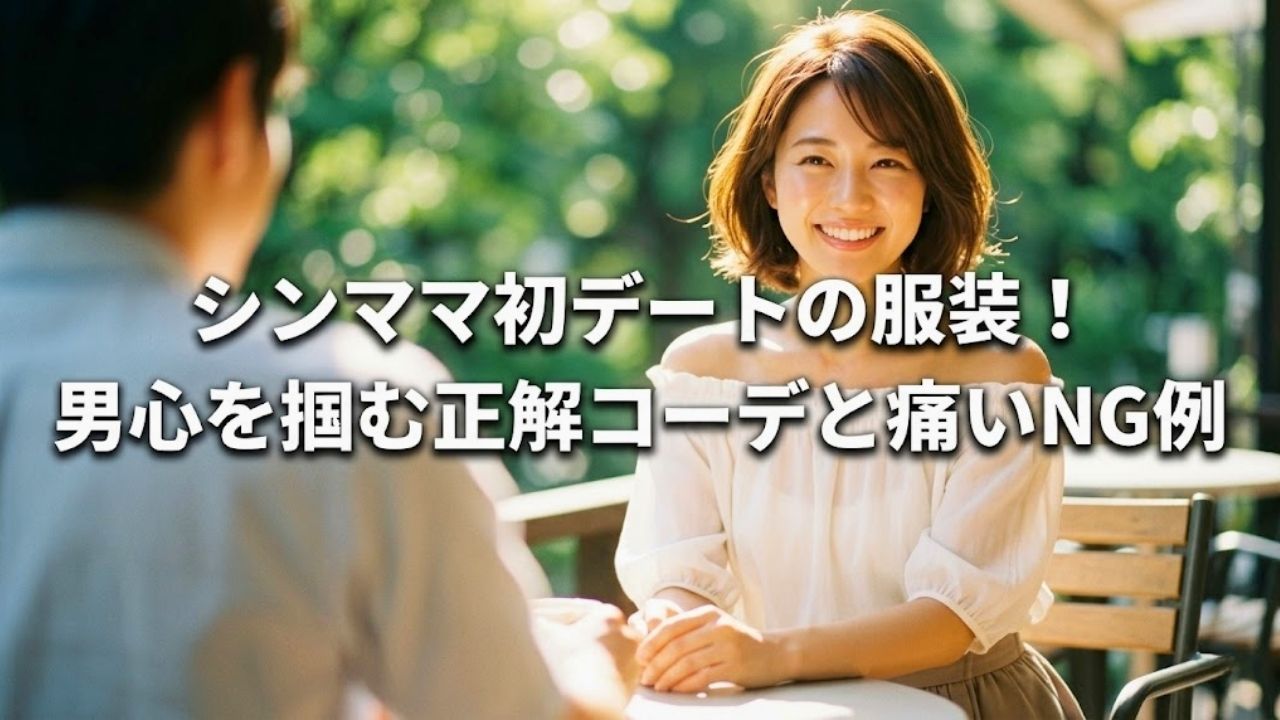 陽の光が降り注ぐカフェのテラス席で、オフショルダーのブラウスとスカートという「母の品格と女性らしさ」を両立した正解コーデに身を包み、希望に満ちた笑顔を浮かべるシングルマザー。画像中央には太い白フォントで「シンママ初デートの服装！男心を掴む正解コーデと痛いNG例」というタイトルテキストが視認性高く配置されている。