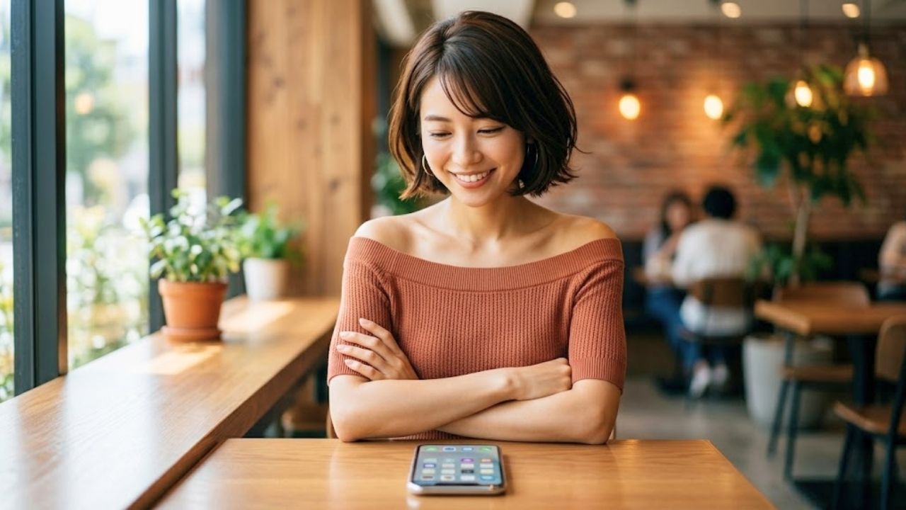 明るいカフェの席で、オフショルダーのサマーニットを着た20代のシングルマザーが、スマートフォンを操作しながら、知的で自信に満ちた笑みを浮かべているシーン。自分に合ったアプリを賢く選んでいる様子を表現
