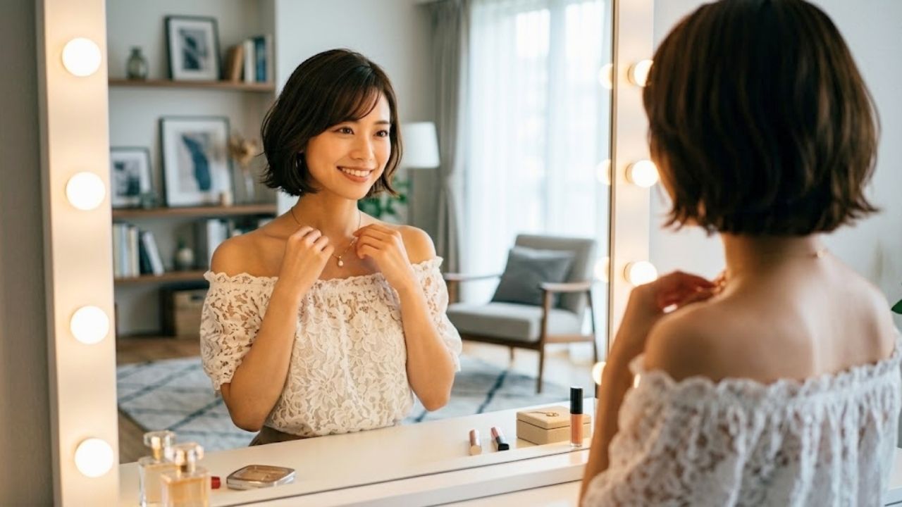 明るいリビングの鏡の前で、オフショルダーのブラウスを着た20代のシングルマザーが、リップを整えながら鏡の中の自分に魅力的で自信のある笑顔を向けているシーン。選ばれる魅力的なプロフィールを作成している様子を表現。