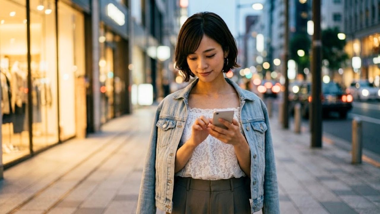 夕暮れの街並みを歩きながら、オフショルダーの上着を着た20代のシングルマザーが、スマートフォンを見つめ、少しきりっとした表情と満足げな笑みを浮かべているシーン。ヤリモクなどの地雷男を安全に見極め、撃退している様子を表現。