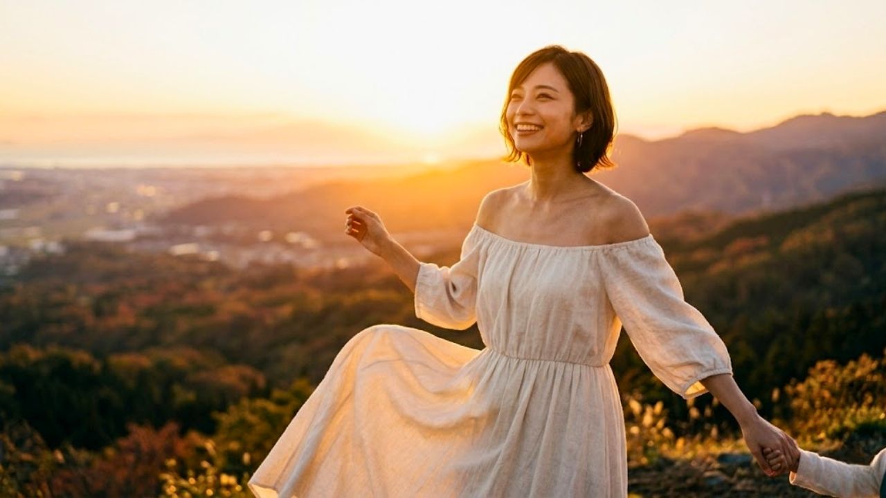 美しい朝焼けを見下ろす丘の上で、オフショルダーのマキシワンピースを着た20代のシングルマザーが、至福に満ちた穏やかな笑顔で遠くを見つめているシーン。一歩踏み出した結果、手に入れた幸せな未来と安堵感を表現。