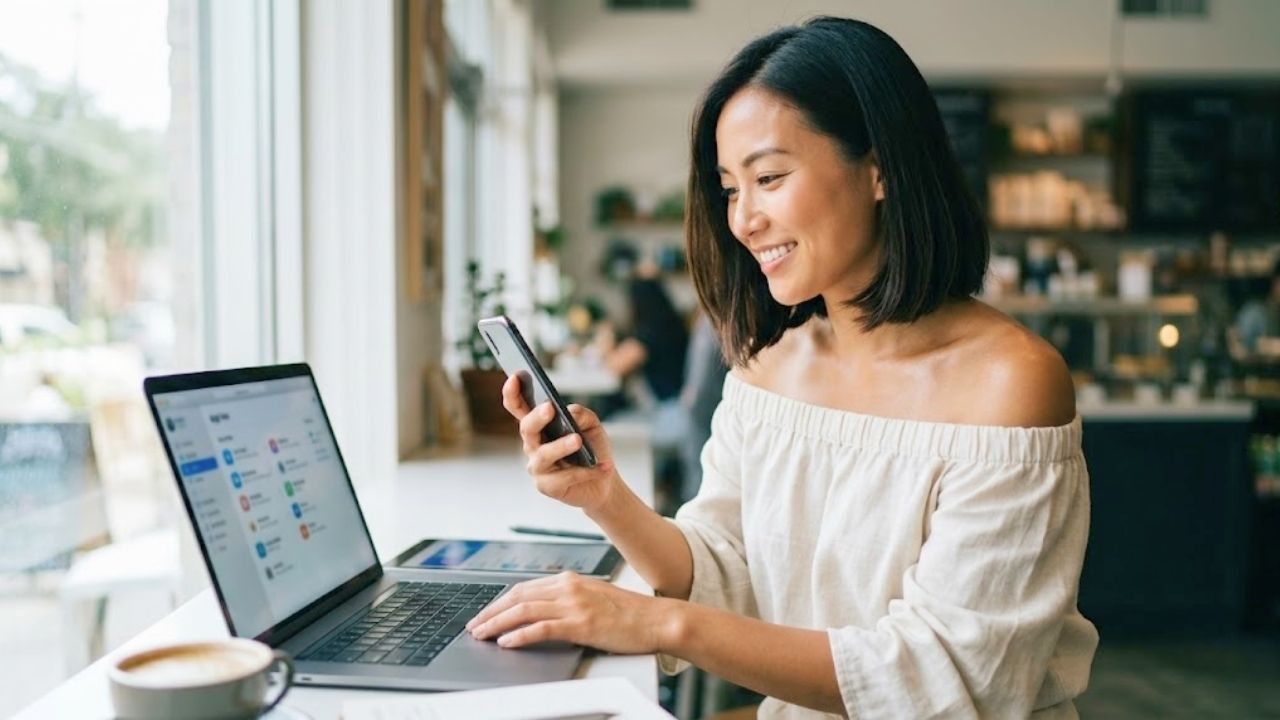 陽の光が降り注ぐ明るいカフェの席で、オフショルダーのリネンブラウスを着た20代のシングルマザーが、ノートパソコン、タブレット、スマートフォンを自信満々に使いこなしているシーン。複数のアプリ画面（特定不可）を見比べ、戦略的に出会いのチャンスを最大化している様子を表現。