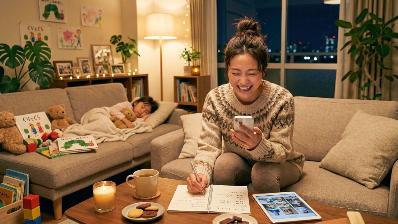 夜のリラックスタイム。楽しそうにリビングで例文を参考にマッチングアプリのプロフィールを考えるシングルマザー。