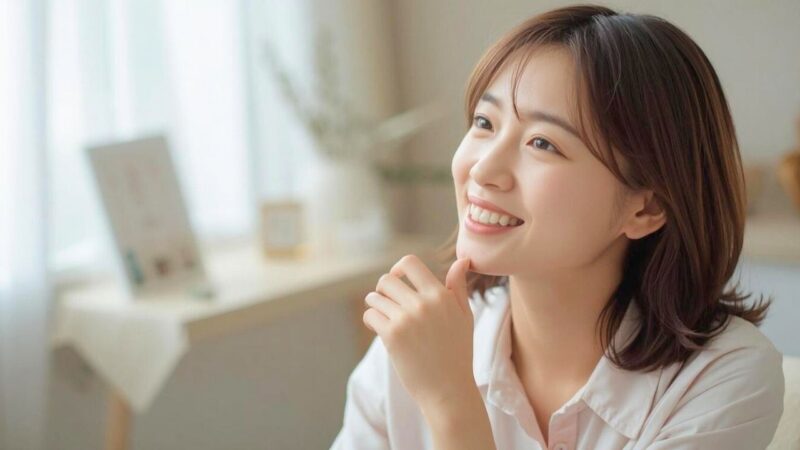 マッチングアプリのプロフィールを楽しそうに考える30代のシングルマザー｜新しい自分へ