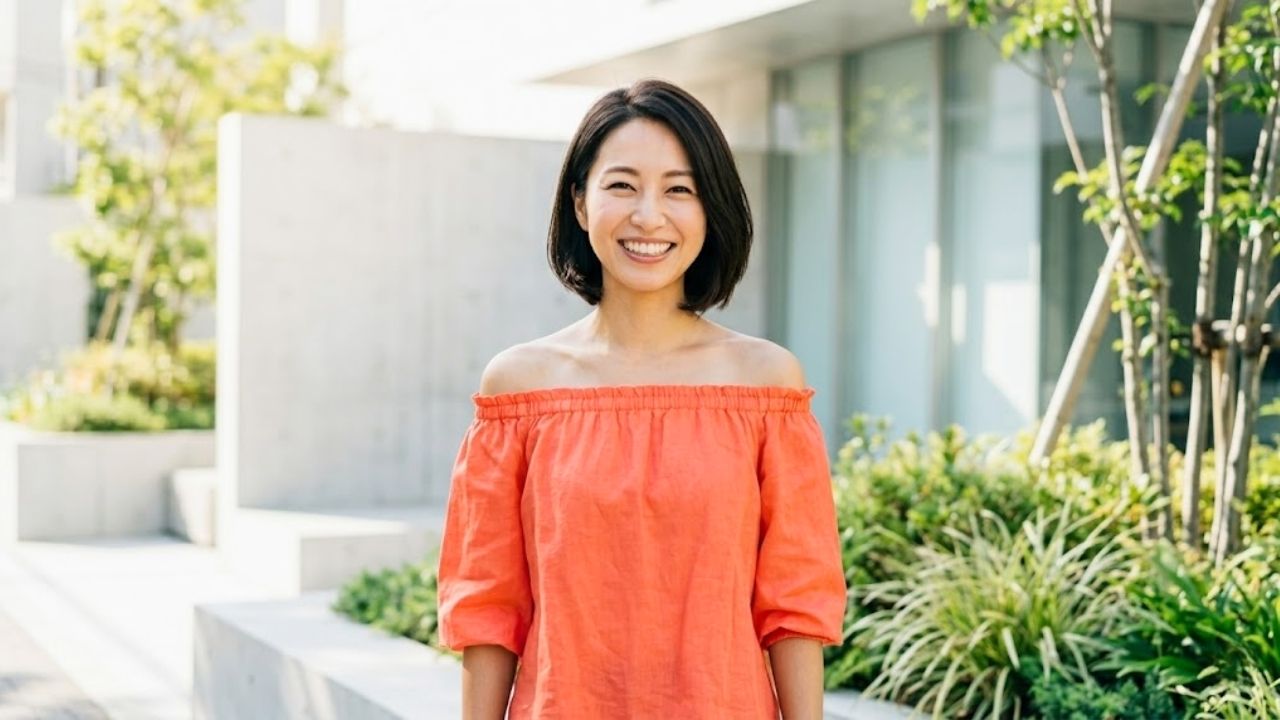 明るい屋外で、シングルマザーが自信に満ちた、晴れやかで力強い笑顔をカメラに向けているシーン。経験を積んだからこそ持てる、自分だけの「最強の武器（理由）」を自覚し、幸せを掴む決意を表現している。