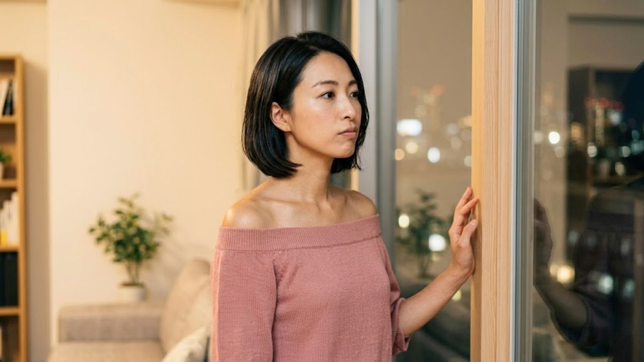 夜、静かな窓辺に立ち、外を見つめながら、少し不安げに考え込んでいるシングルマザー。時間、お金、罪悪感など、恋愛を「難しい」と思い込ませている見えない「壁」の前で立ち止まっている様子を表現している。