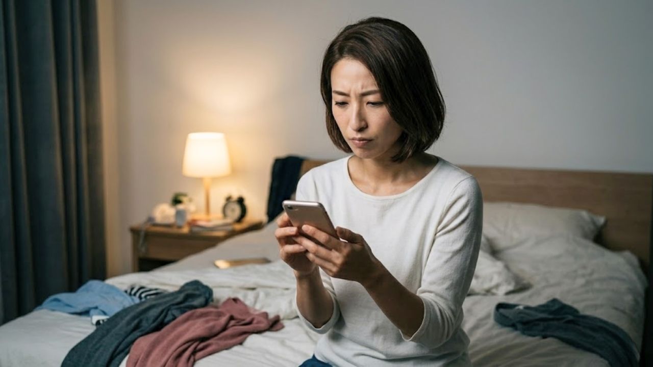 少し影のある室内で、シングルマザーがベッドに座り、スマートフォンを握りしめながら、後悔や自己嫌悪、あるいは執着のような表情を浮かべているシーン。寂しさを埋めるための依存恋愛や勝手な罪悪感による自爆など、陥りやすい「地雷パターン」への警告を表現している。