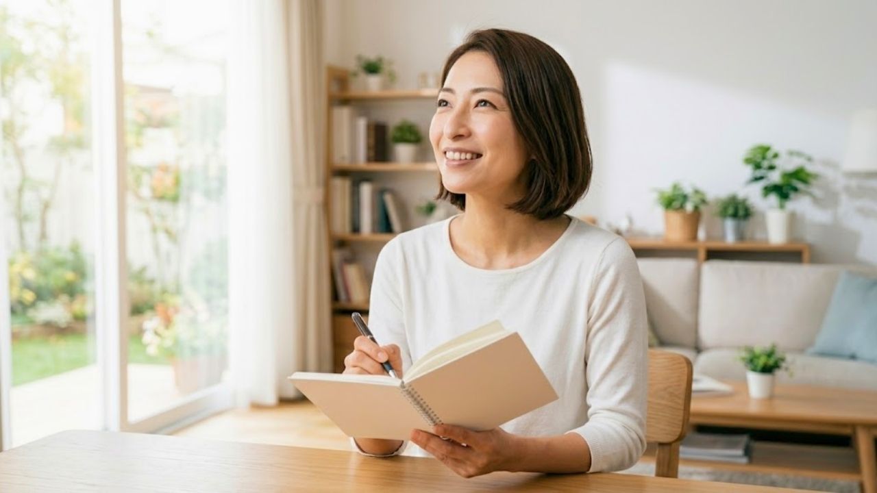 明るく整理されたリビングで、シングルマザーがノートとペンを持ち、晴れやかで前向きな笑顔を浮かべているシーン。自分自身に幸せを許可し、具体的な行動（アクションプラン）を起こそうとする決意を表現している。