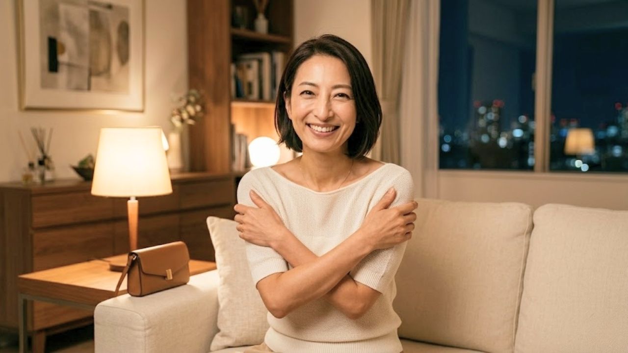 夜、心地よく整えられた室内で、サマーニット姿のシングルマザーがソファに座り、自分自身を抱きしめながら、満たされたような、艶っぽい笑顔を浮かべているシーン。一人の女性として愛され、ときめきを存分に味わった幸福感を表現している。