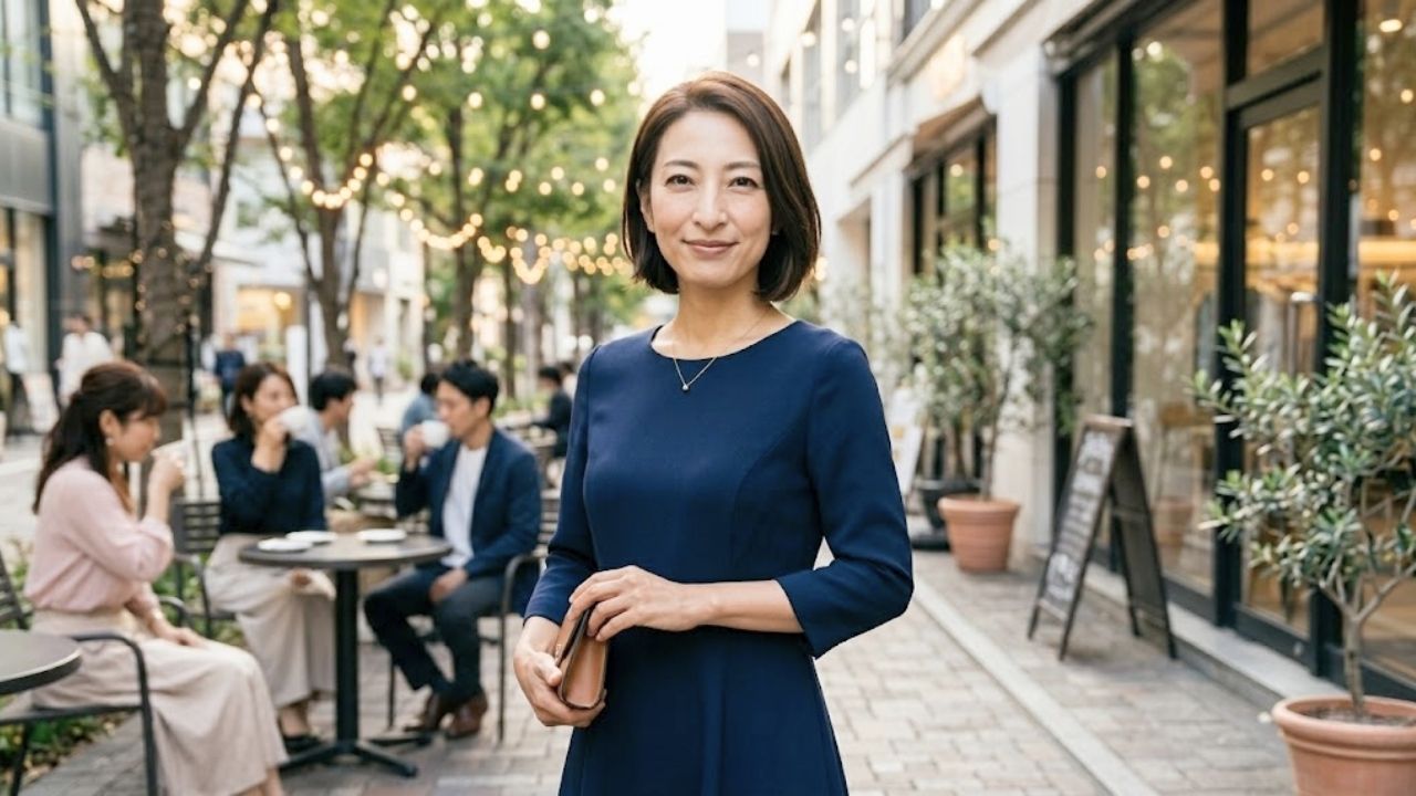 おしゃれなカフェ街で、シングルマザーが洗練された、自信に満ちた大人の笑顔で歩いているシーン。年齢に合った強み（深みや癒やし）を自覚し、自分らしく輝いている様子を表現している。