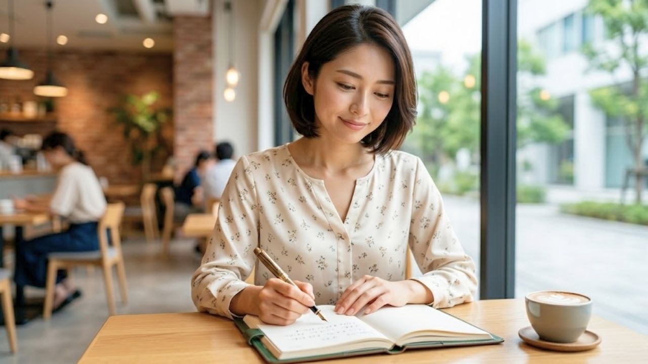 カフェの席でノートとペンを持ち、晴れやかで決意に満ちた表情を浮かべる20代のシングルマザー。出会いを探す前に、自分自身の幸せを許可し、絶対に譲れない条件などの「心の準備」を整えている様子を表現している。