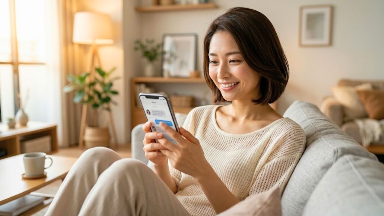 リラックスした明るい室内で、サマーニット姿の20代シングルマザーがスマートフォンを見つめ、魅力的で楽しそうな笑顔を浮かべているシーン。シンママを歓迎してくれるマッチングアプリを利用し、前向きに出会いを探している様子を表現している。