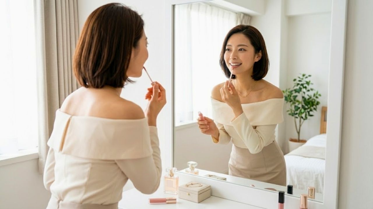 明るい鏡の前で、オフショルダーのブラウスを着た20代のシングルマザーが、リップやアクセサリーを整えながら自信に満ちた艶やかな笑顔を見せているシーン。「母」から一人の「魅力的な女性」へとスイッチを入れ、初デートの準備をしている様子を表現している。