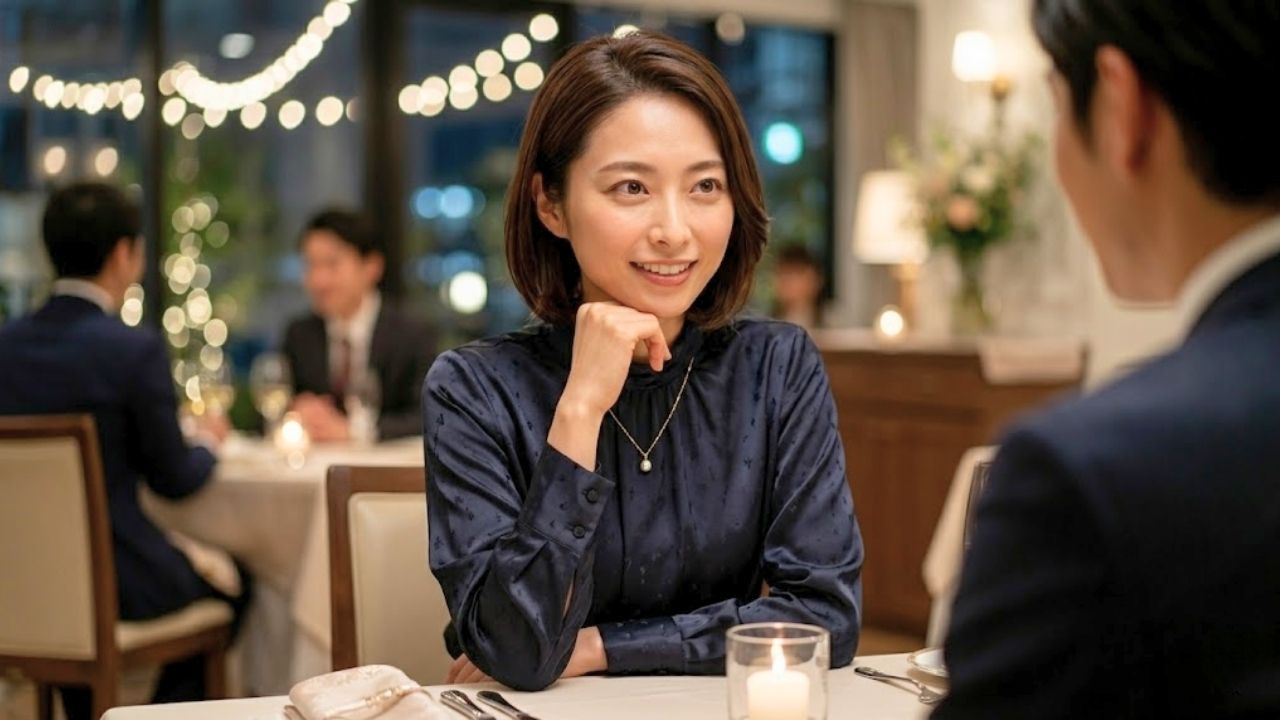 レストランの席で、少し身を乗り出して相手（画面外）を見つめる20代のシングルマザー。魅力的でありながらも、どこか冷静で知的な微笑みを浮かべ、最初の3ヶ月間、子どもを抜きにして彼の人間性をしっかりと見極め（査定し）ている様子を表現している。