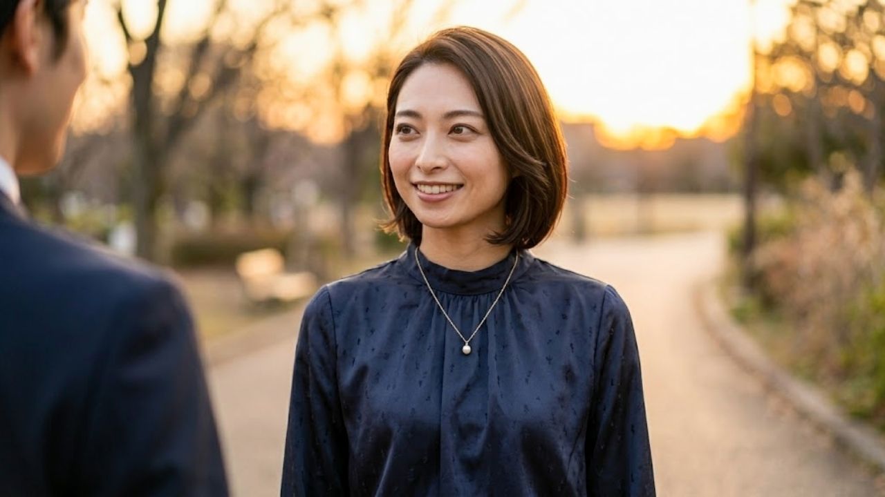 夕暮れの落ち着いた道を歩きながら、隣を歩く相手（画面外）に向けて、心を開いたような優しく少し隙のある笑顔を向ける20代のシングルマザー。飾らない育児の悩みやシビアな価値観など、深い部分を共有し絆を深めている様子を表現している。