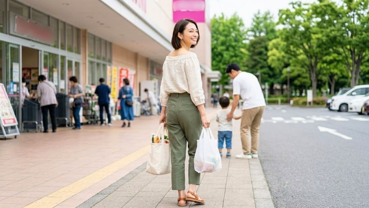 スーパーの帰り道など日常の風景の中で、振り返りながら、心から満たされたような自然で輝く笑顔を見せる20代のシングルマザー。彼が少しずつ自分たちの日常に溶け込み、家族としての相性を確かめ合っている様子を表現している。