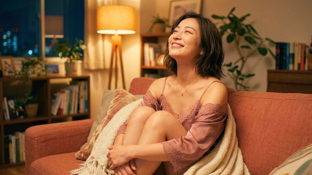 夜、温かい照明のリビングで、ソファに座ってクッションを抱きしめながら、至福に満ちた穏やかな笑顔で上を見上げる20代のシングルマザー。「カメ」の歩みで丁寧に関係を築き、子どもと共に一生モノの幸せを手に入れた安堵感と喜びを表現している。