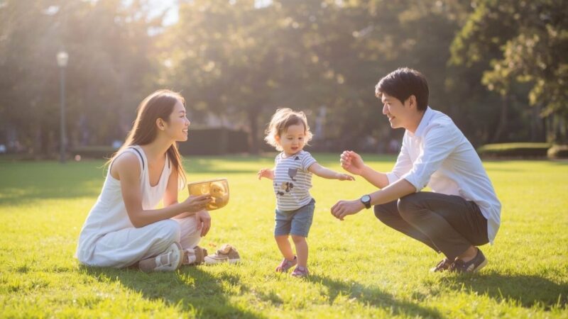 公園で子どもにシングルマザーが彼氏を会わせ、自然に遊んでいる安心感のあるシーン