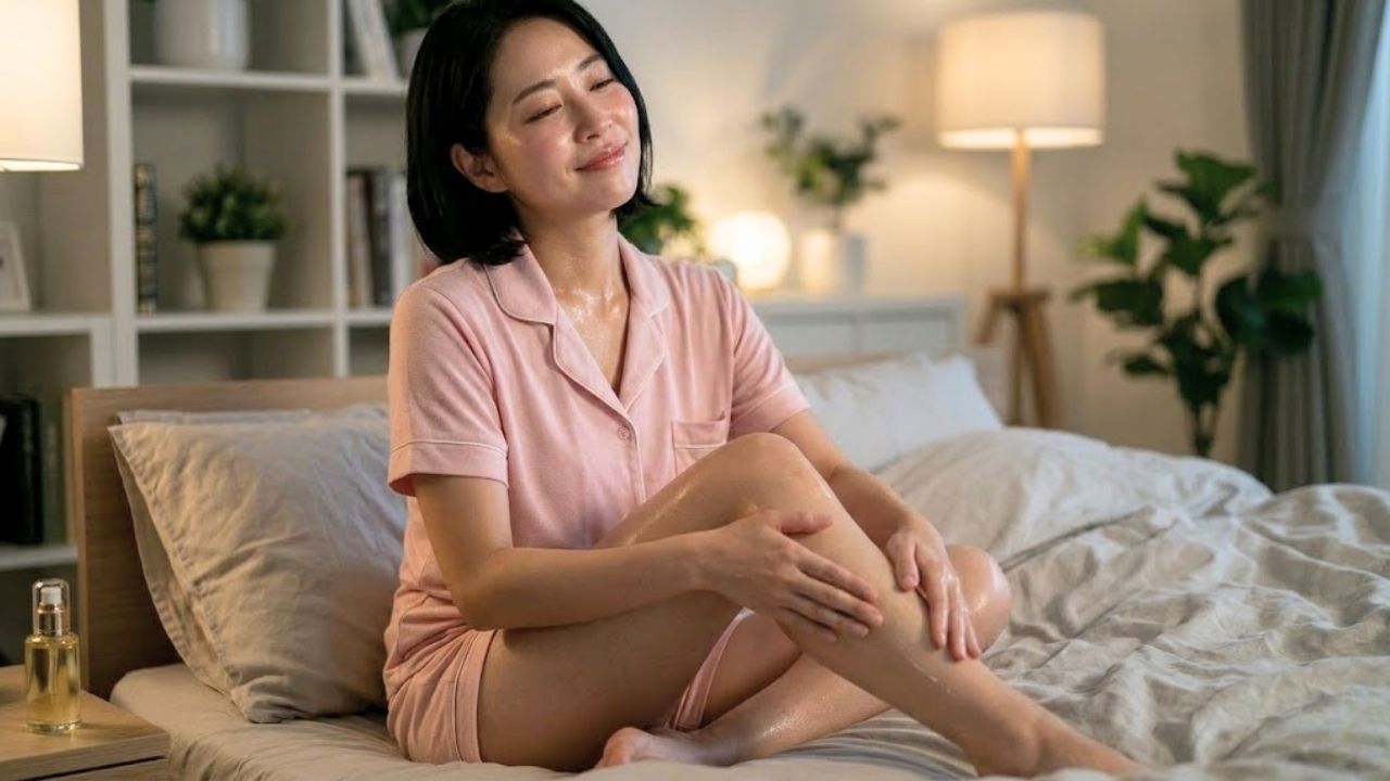 夜の寝室で、30代シングルマザーが目を閉じ、リラックスして充実した表情で、オイルで潤い光沢のあるふくらはぎをマッサージしている。彼女の皮膚はオイルで光沢がある。後ろの棚には棚、観葉植物、フロアランプが置かれ、左手前のナイトテーブルにはオイルボトルが置かれている。リラックスした、充実した表情。