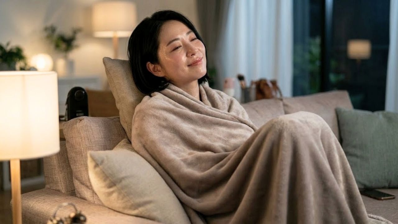 夜、暖かい照明のリビングルームで、ベージュの柔らかそうな毛布に首までくるまったシングルマザーが、ソファの背もたれに体を預けている。彼女は目を閉じ、穏やかで至福の、リラックスした笑みを浮かべている。彼女の肌は潤い、手前のテーブルランプの暖かい光を反射している。背景には、観葉植物、夜景が見える大きな窓、緑色のクッション、そしてぼんやりとした他の照明が見え、居心地の良い雰囲気を作り出している。