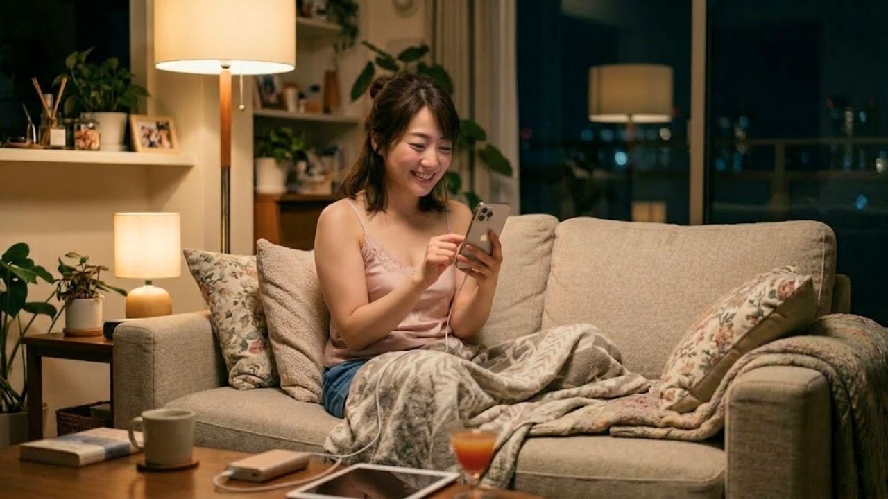 暖かみのある間接照明に照らされた夜のリビングルームで、ベージュのソファに座り、笑顔でスマートフォンを操作するシングルマザー。彼女はピンクのレースキャミソールとデニムショートパンツを着用し、膝には模様のあるブランケットをかけている。スマートフォンは充電ケーブルでコーヒーテーブルの上のモバイルバッテリーにつながっている。テーブルの上には、マグカップ、本、タブレット、オレンジ色の飲み物が入ったカクテルグラスが置かれている。部屋には多くの観葉植物が配置され、窓の外には都市の夜景がぼんやりと見える。リラックスした居心地の良い雰囲気。