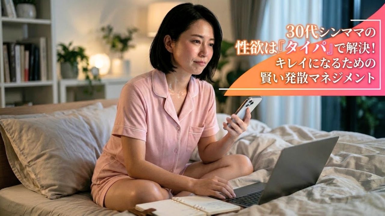薄暗い寝室のベッドに座り、汗をかいた真剣な表情でスマートフォンとノートパソコンを使用する30代のシングルマザーの画像。彼女の顔はクリアに見える。右上のオレンジ色のグラデーションのテキストボックスには、以下の日本語のテキストが配置されている。 30代シンママの 性欲は『タイパ』で解決！ キレイになるための 賢い発散マネジメント
