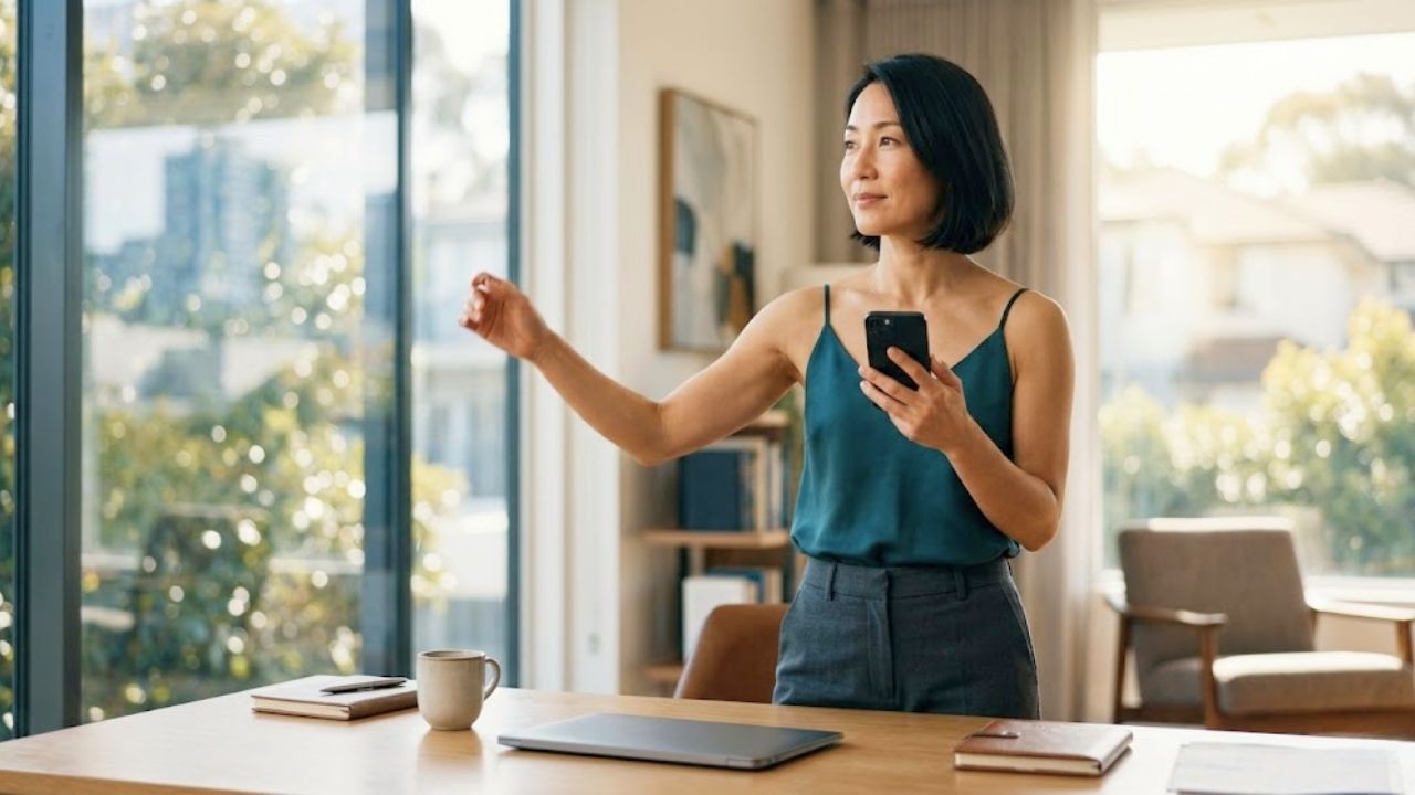 健康的で明るい美しい40代シングルマザー（以前の記事のモデルとは別人）が、自宅のデスクで知的な表情で前向きに考えているシーン。